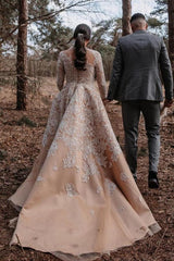 Charming Champagne Long A-line High Neck Tulle Lace Wedding Dresses with Sleeves