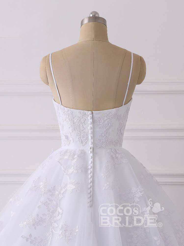 Long Ball Gown Spaghetti Straps Lace Tulle Ruffles Wedding Dresses