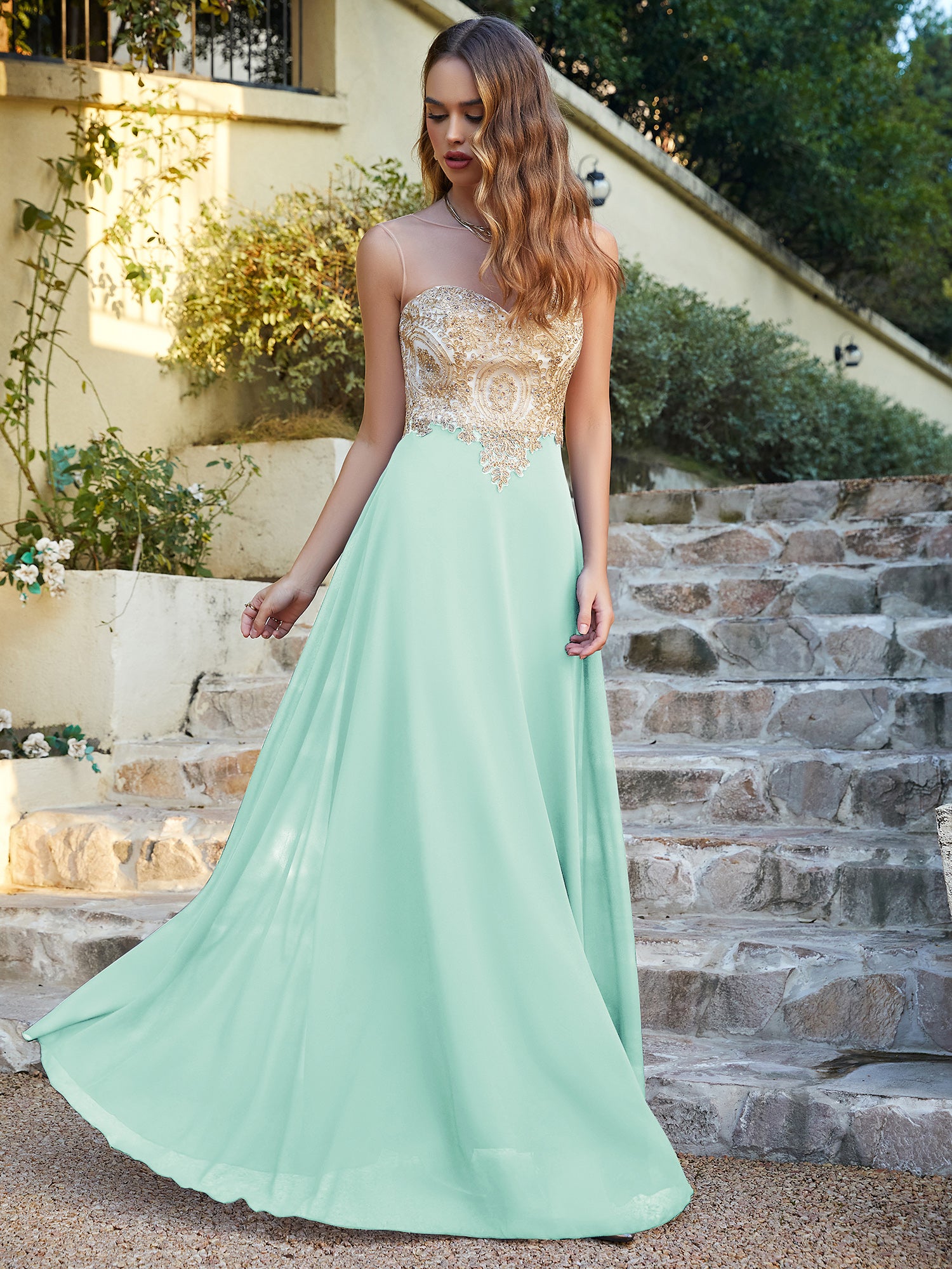 Elegant Long A-line Chiffon Sleeveless Tulle Lace Appliques Prom Dress