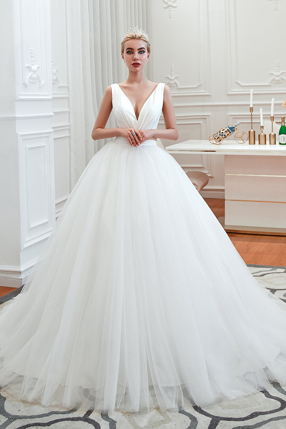 Long A-Line Tulle Wide Straps Deep V-neck Floor Length Wedding Dress