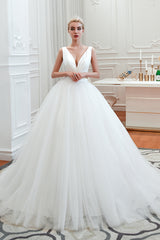 Long A-Line Tulle Wide Straps Deep V-neck Floor Length Wedding Dress