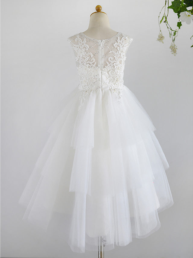 White Ball Gown Tulle Sleeveless Jewel Neck Lace Birthday Flower Girl Dresses