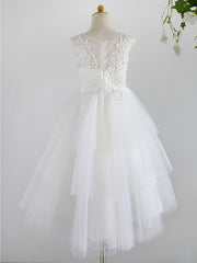 White Ball Gown Tulle Sleeveless Jewel Neck Lace Birthday Flower Girl Dresses