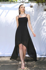 High Low Chiffon Spaghetti Straps Backless Black Party Dress