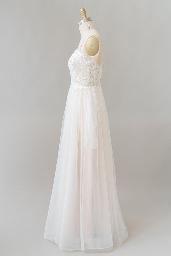 Long Sweetheart Appliques Lace Tulle A-line Wedding Dress