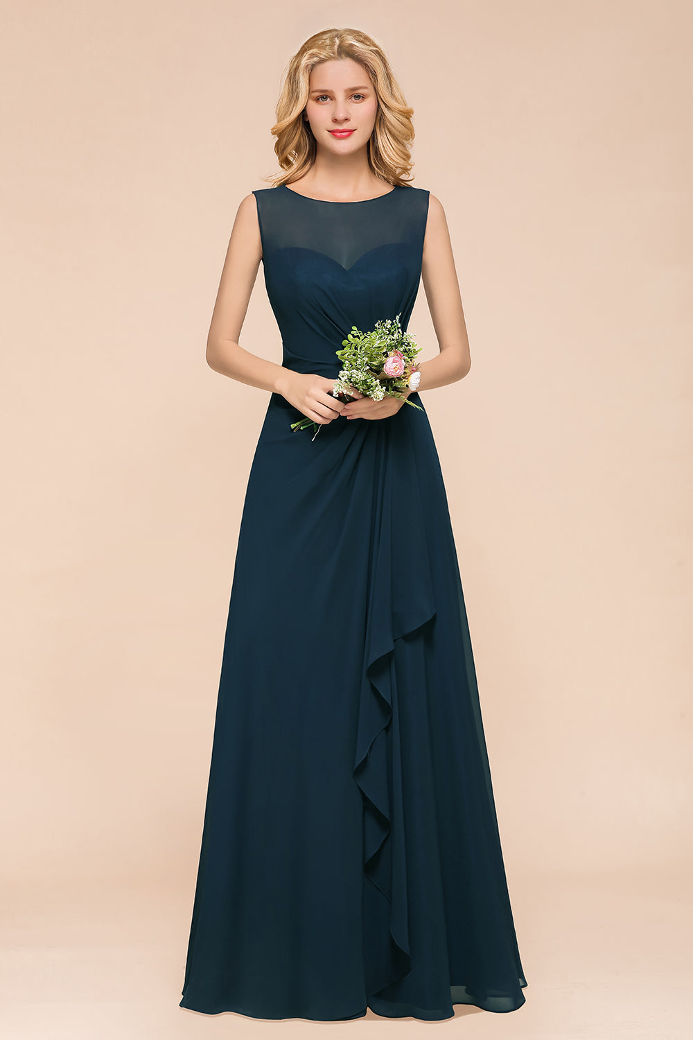 Chic Bateau Chiffon Floor Length A-Line Bridesmaid Dresses With Ruched