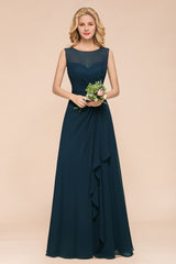 Chic Bateau Chiffon Floor Length A-Line Bridesmaid Dresses With Ruched