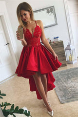 Cute A-line Red V-neck High Low Prom Dress
