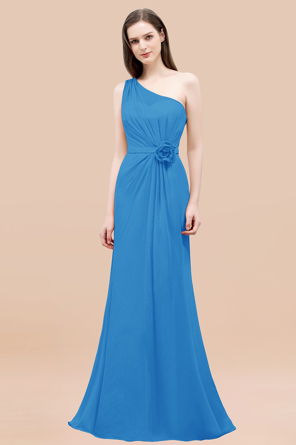Mermaid Chiffon One Shoulder Sleeveless Ruffled Floor Length Bridesmaid Dresses with Flower