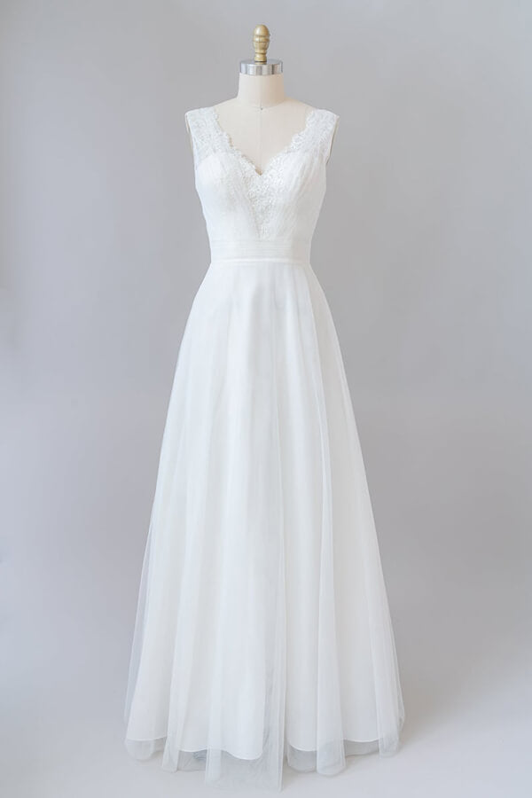 Long Ruffle V-neck Lace Tulle A-line Wedding Dress