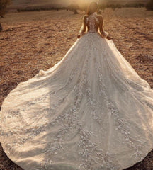 Gorgeous Long A-Line High Neck Appliques Lace Tulle Wedding Dress with Long Sleeve