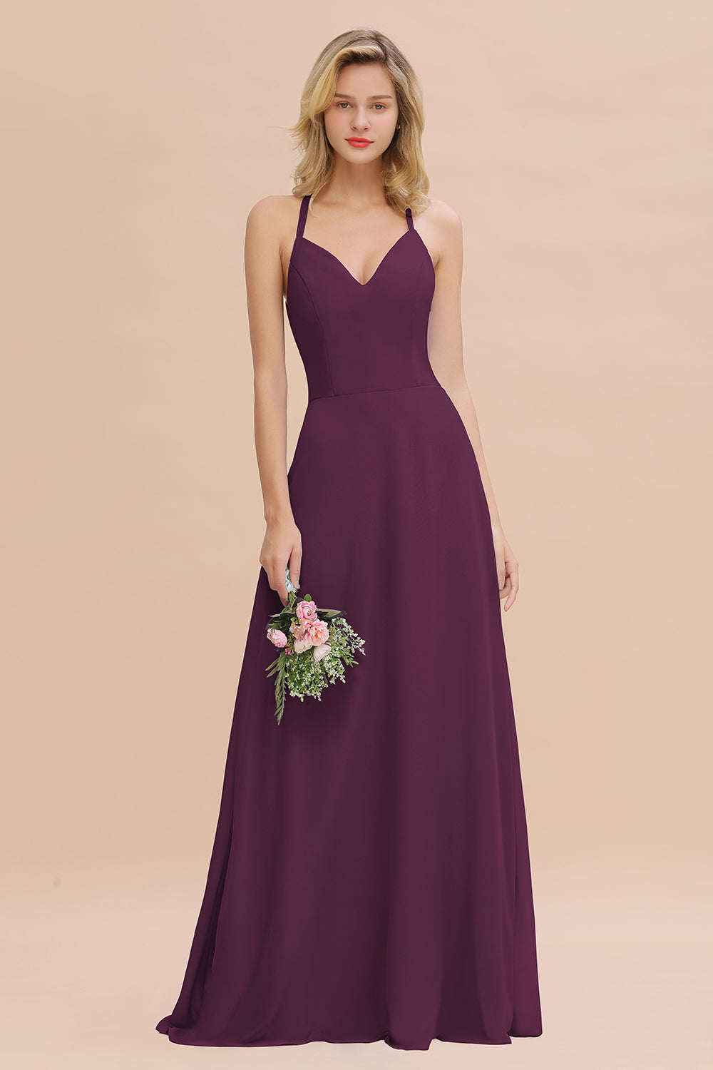 Stylish Chiffon Spaghetti Straps Sleeveless Long Bridesmaid Dress