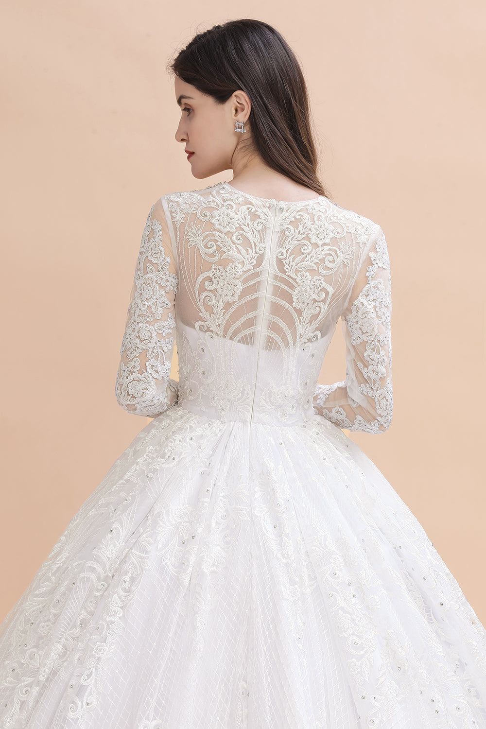 Long Sleeves A-line Lace Beads Tulle Wedding Dress