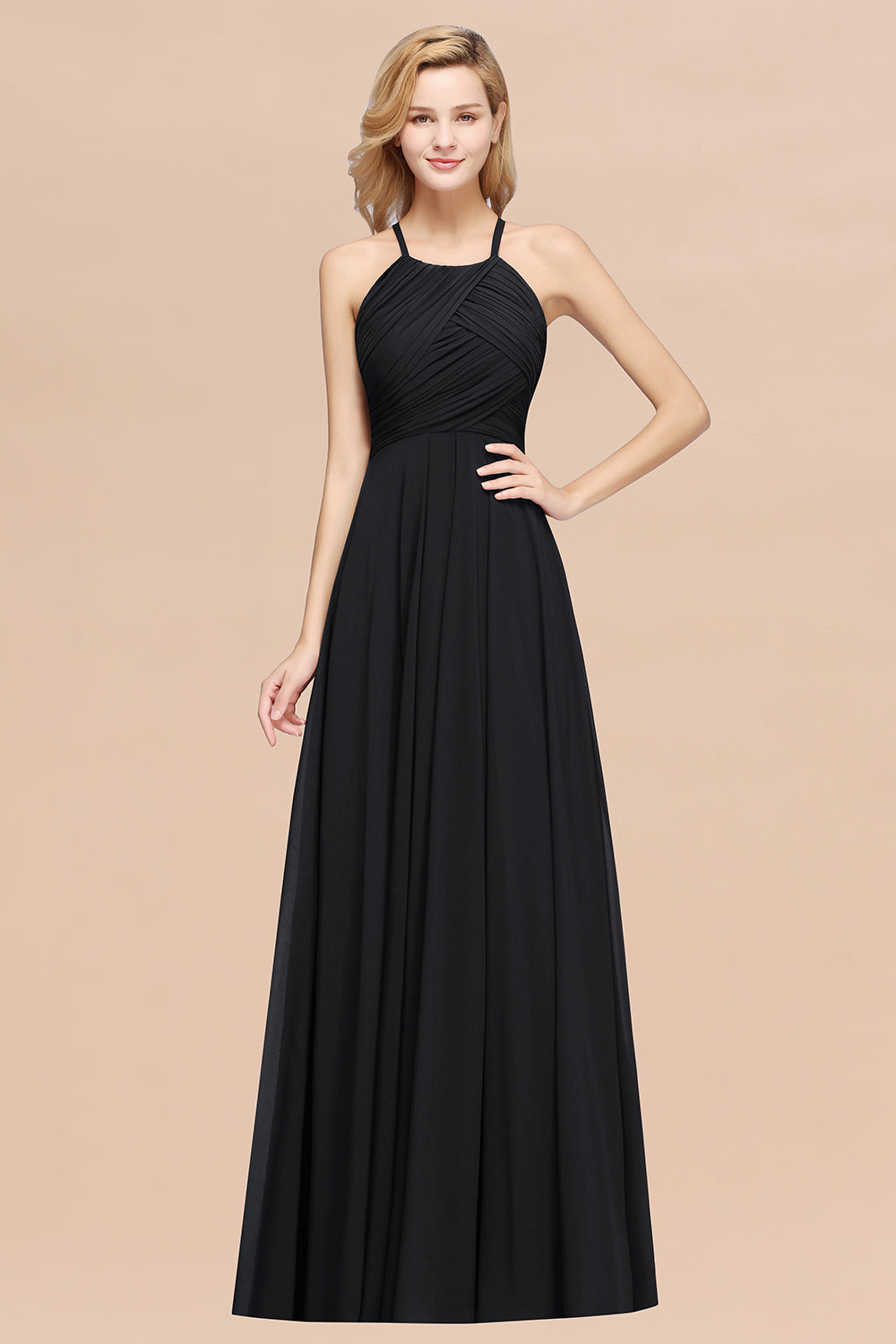 A-Line Chiffon Halter Ruffles Floor Length Bridesmaid Dress