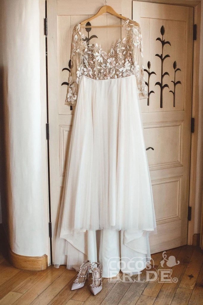 Charming A-line Sweetheart Chiffon Beading Long Sleeves Wedding Dress