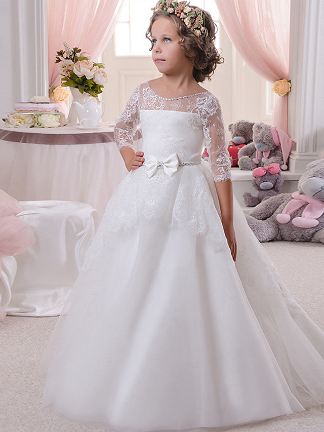 White Long A-line Tulle Lace Flower Girl Dresses with Sleeves