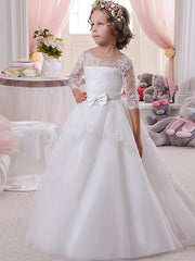 White Long A-line Tulle Lace Flower Girl Dresses with Sleeves
