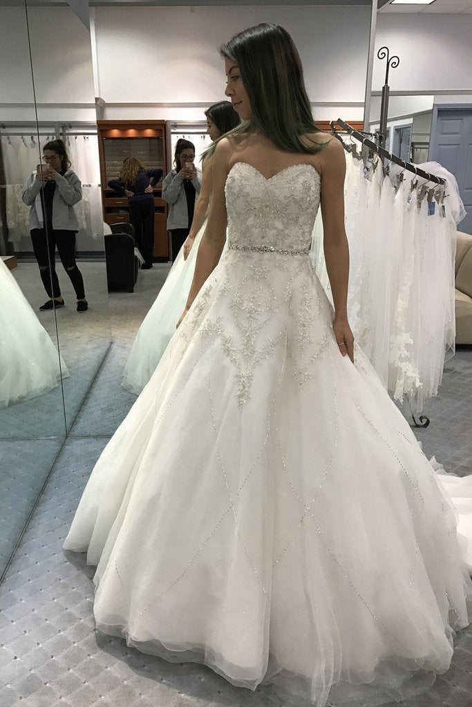 Shinny Long A-line Beaded Sweetheart Tulle Wedding Dress