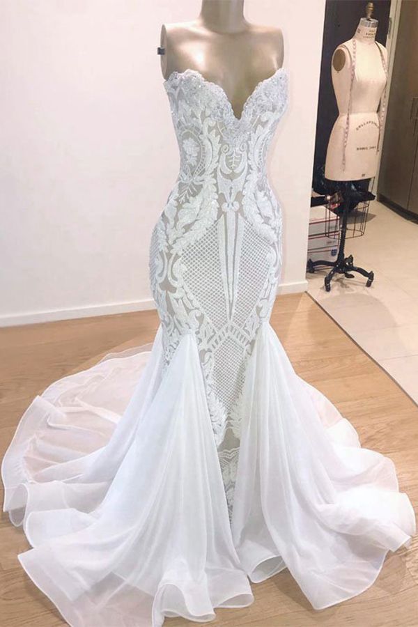 Elegant Long Tulle Lace Sequins Mermaid Wedding Dress