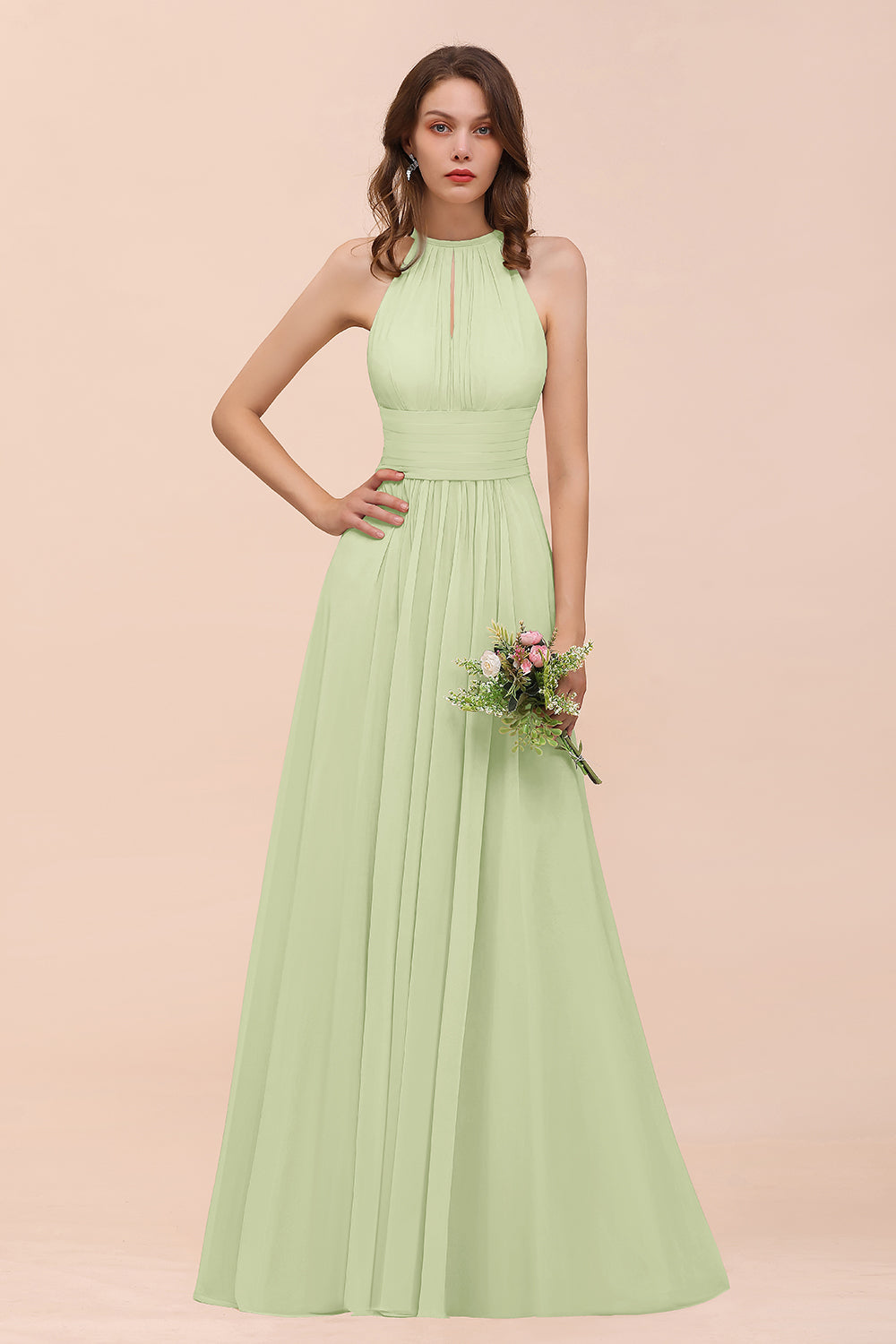Elegant Long A-Line Jewel Ruffle Chiffon Champagne Bridesmaid Dress