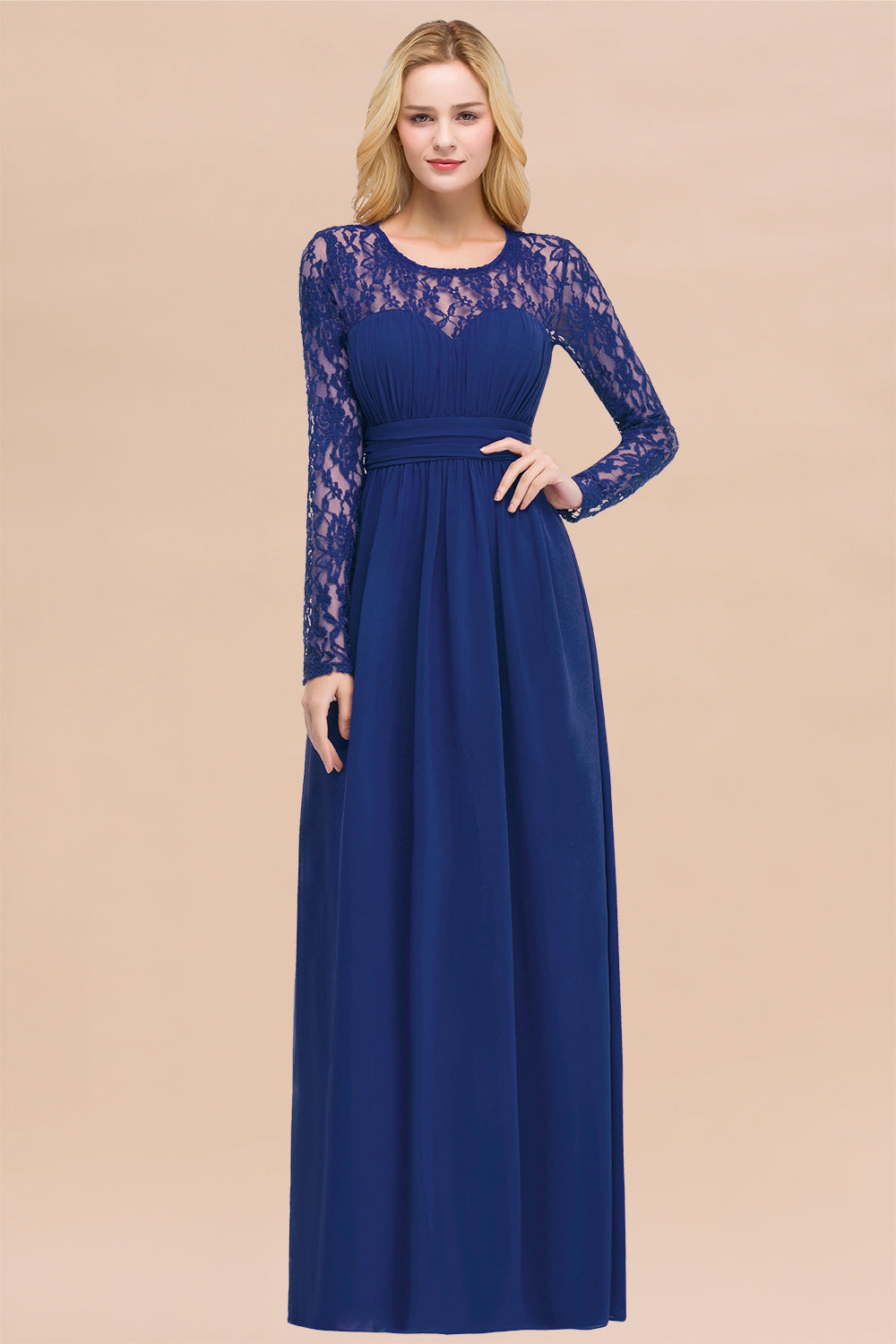 Elegant A-Line Chiffon Jewel Long Sleeves Ruffles Floor Length Bridesmaid Dresses