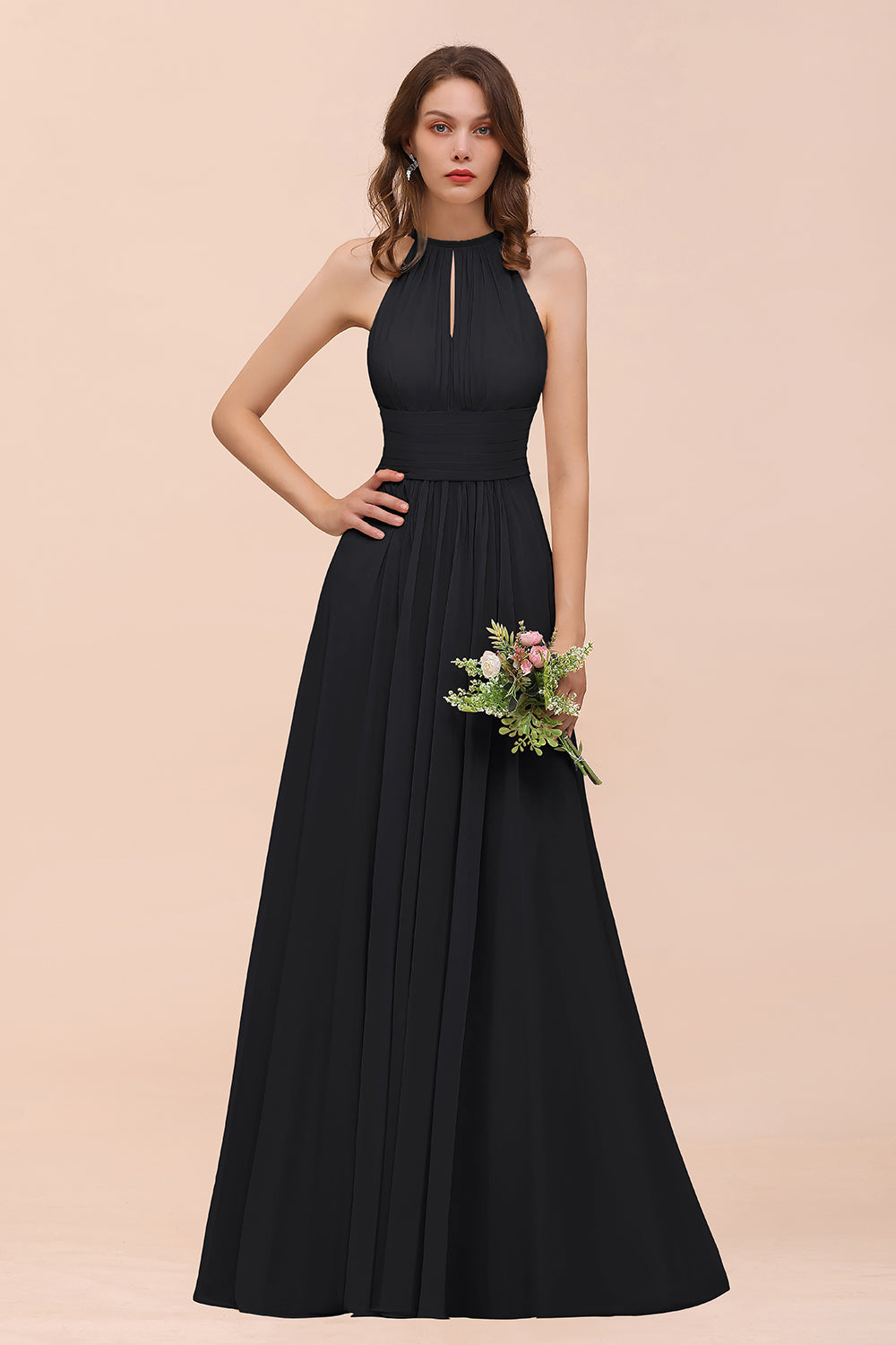 Elegant Long A-Line Jewel Ruffle Chiffon Champagne Bridesmaid Dress