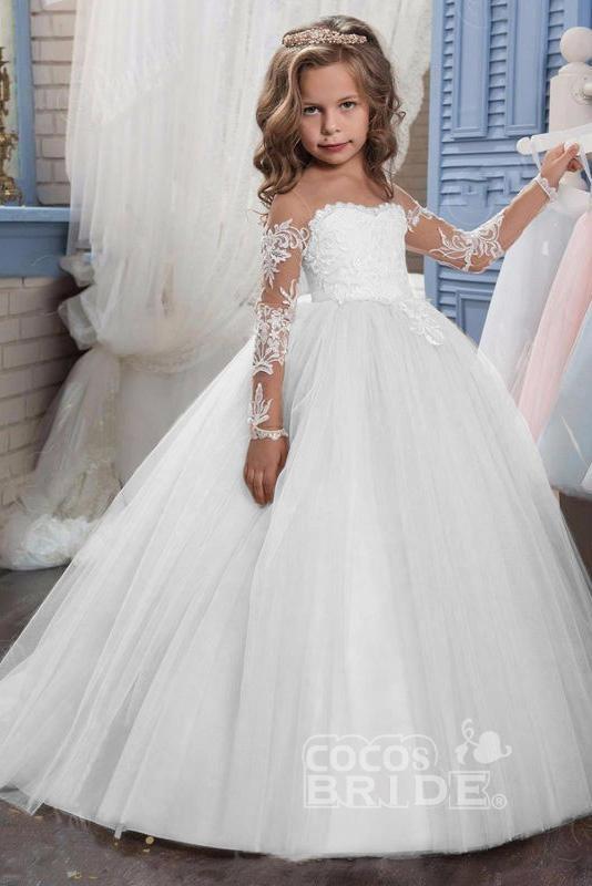 White Scoop Neck Long Sleeves Ball Gown Flower Girl Dress