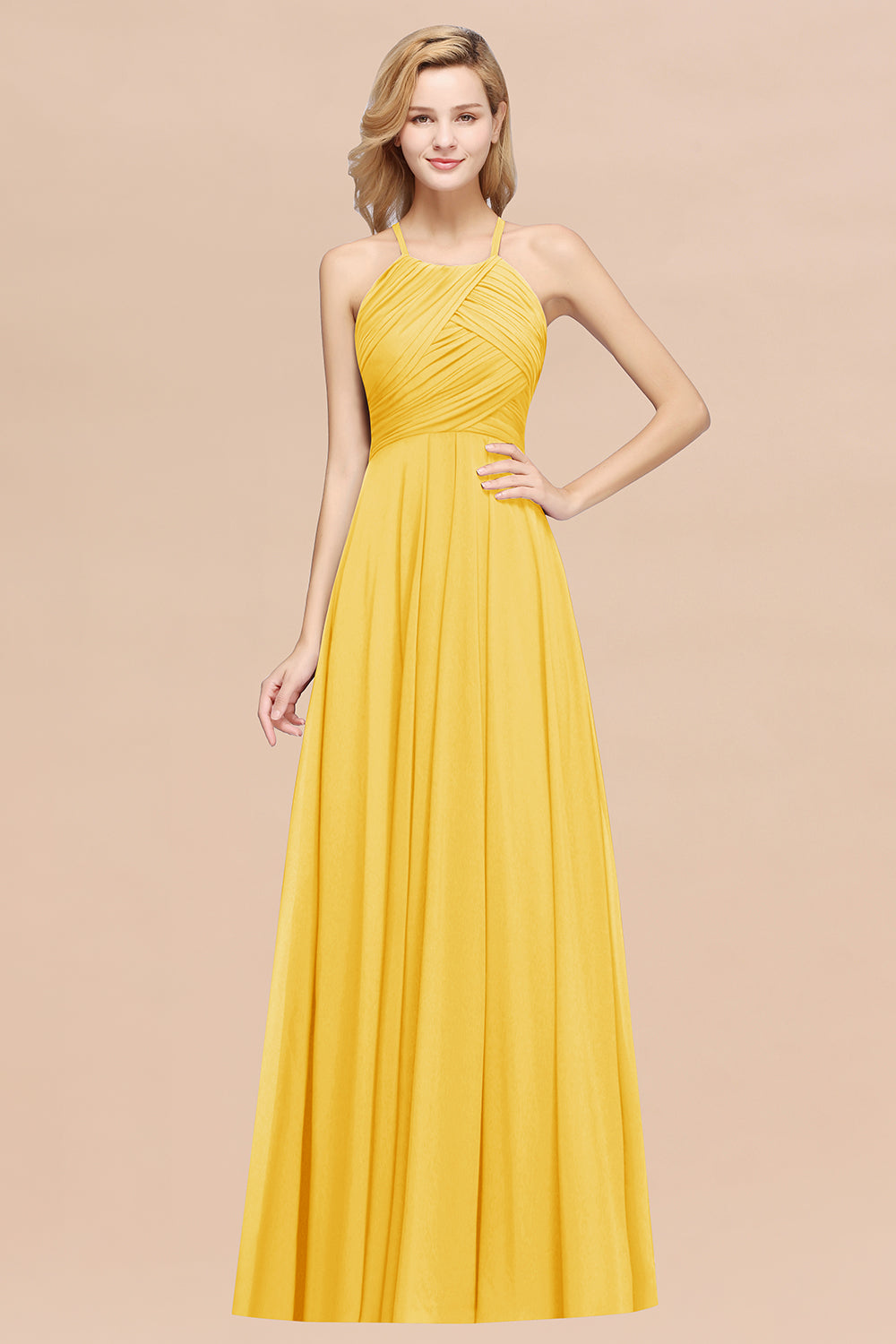A-Line Chiffon Halter Ruffles Floor Length Bridesmaid Dress