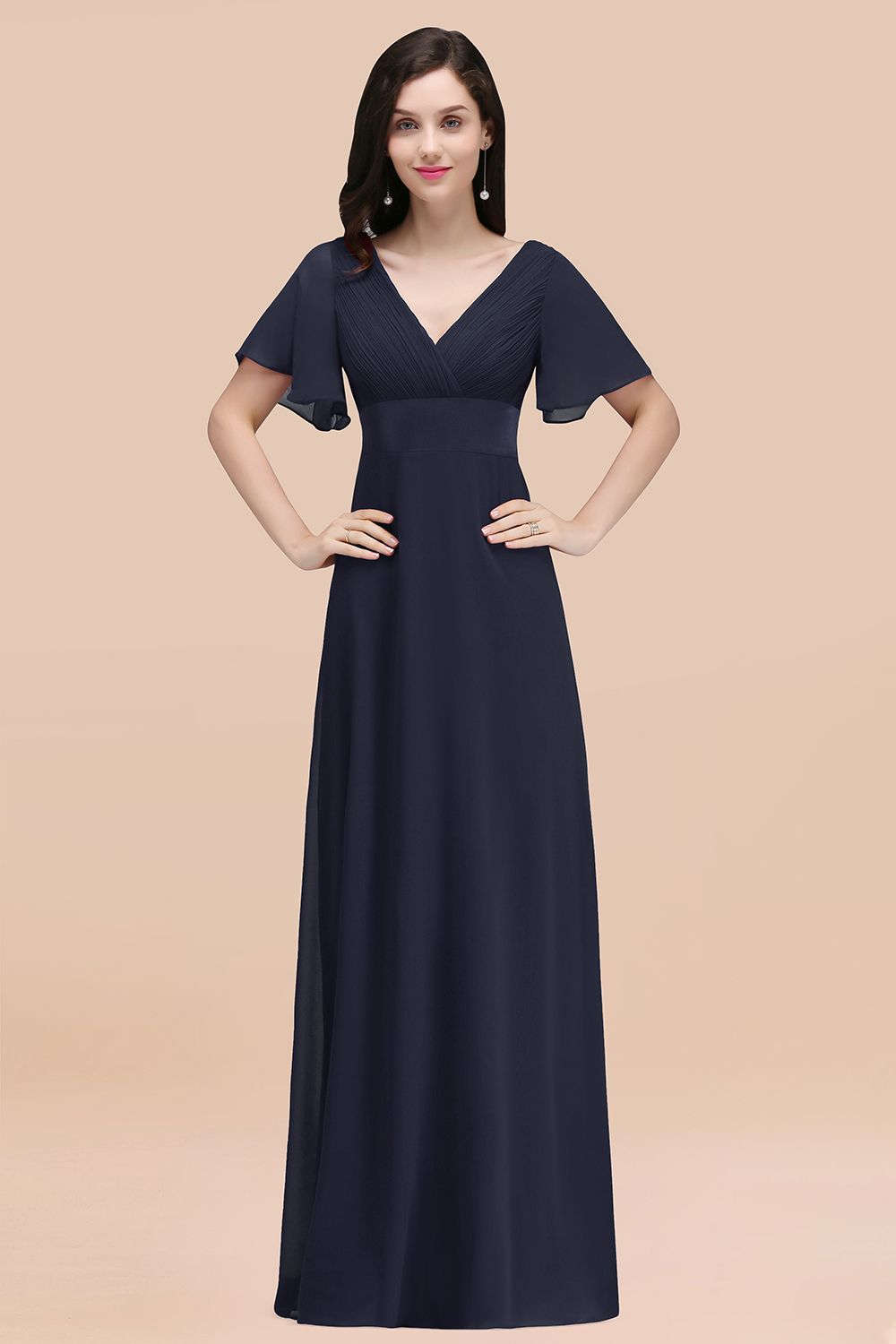 Simple A-Line Chiffon V-Neck Short Sleeves Ruffles Floor Length Bridesmaid Dresses
