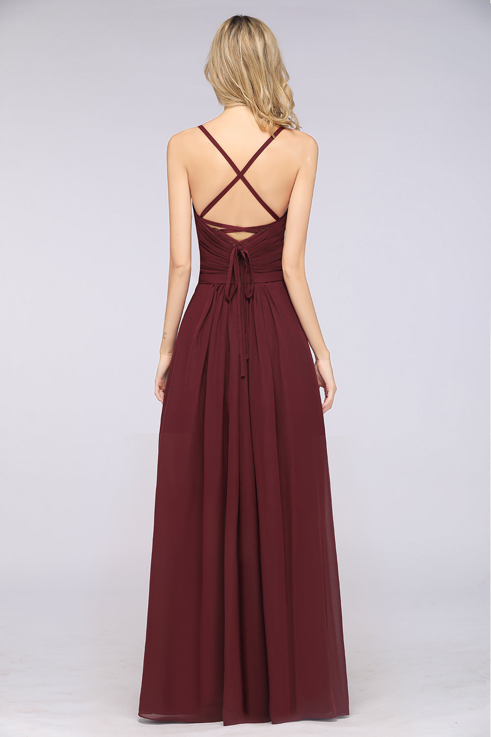 A-Line Chiffon Spaghetti Straps Sweetheart Sleeveless Floor Length Bridesmaid Dress with Ruffles