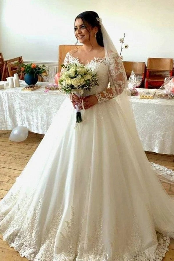Elegant Ball Gown Off the Shoulder Long Sleeves Lace Wedding Dress