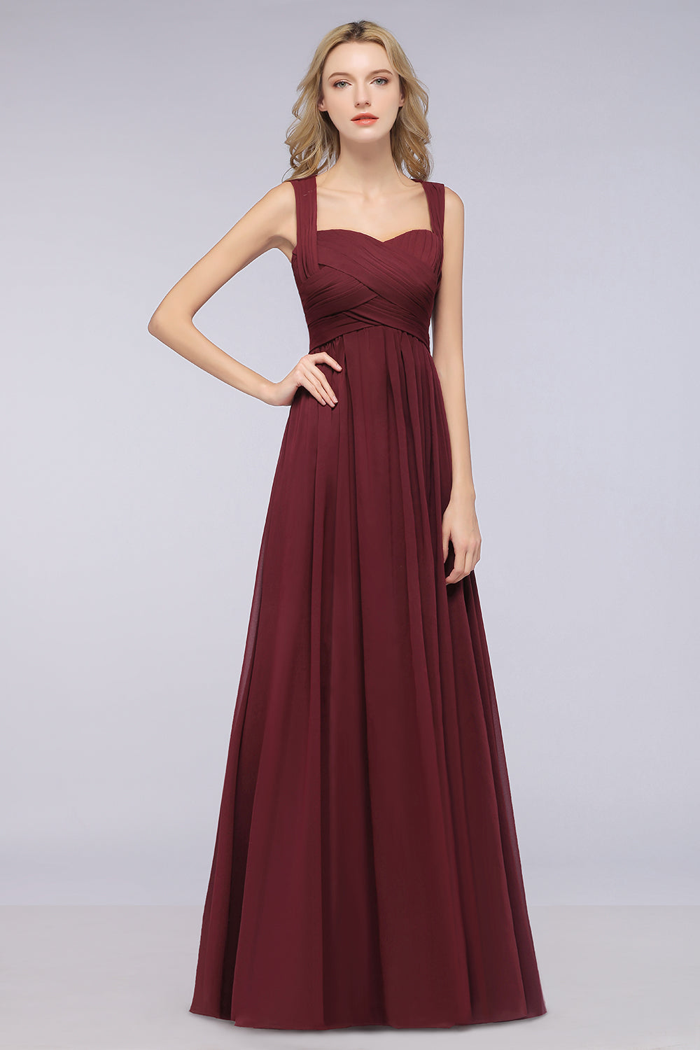 Simple Long A-line Cap Sleeves Sweetheart Burgundy Wedding Guest Dresses
