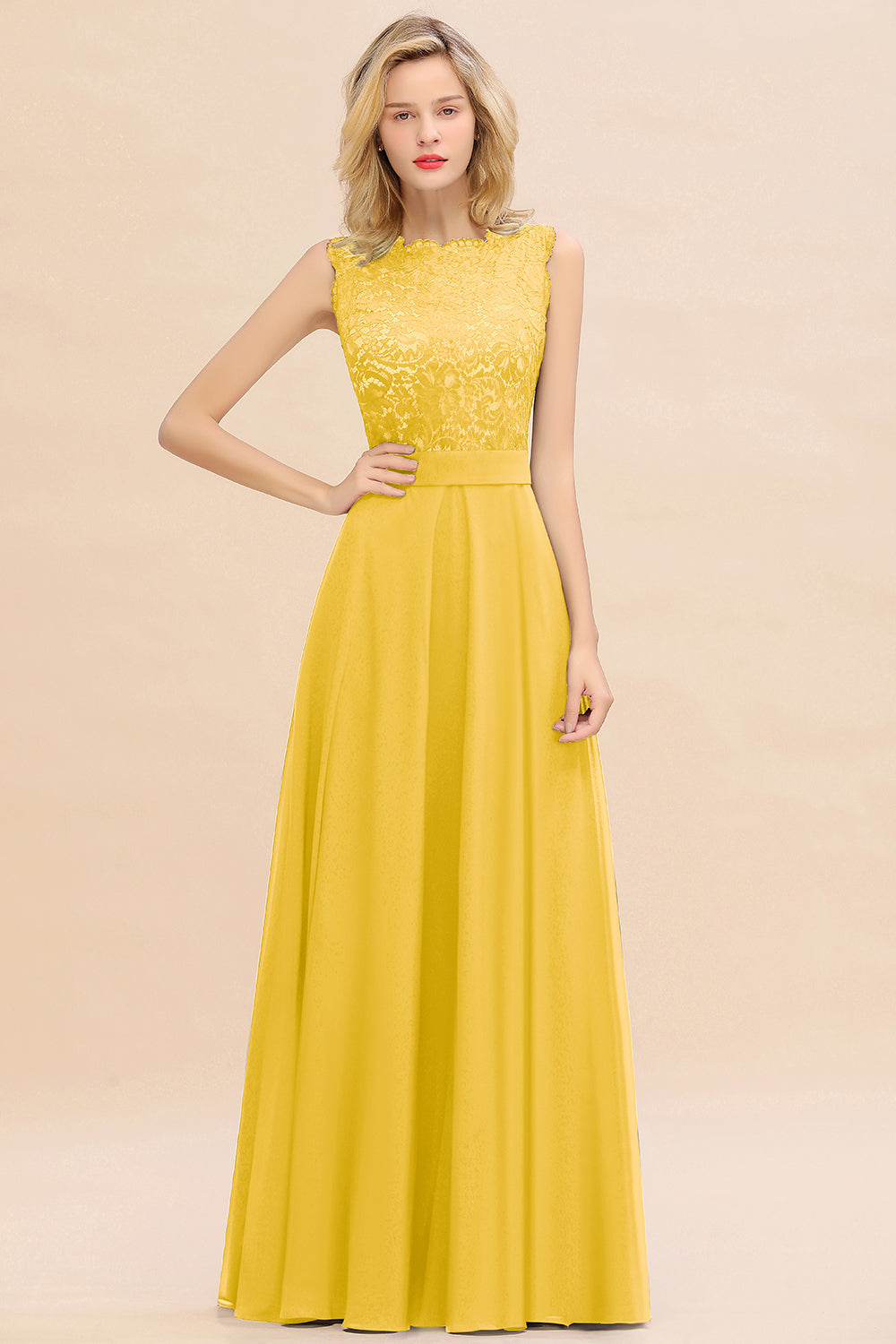 Long A-line Chiffon Lace Sleeveless Bridesmaid Dresses