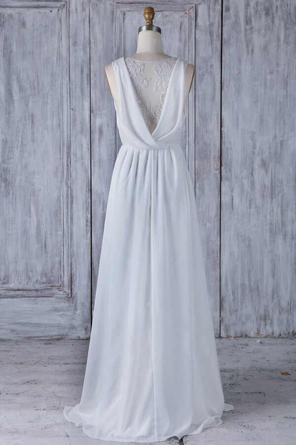Elegant Long V-neck Ruffle Chiffon A-line Wedding Dress