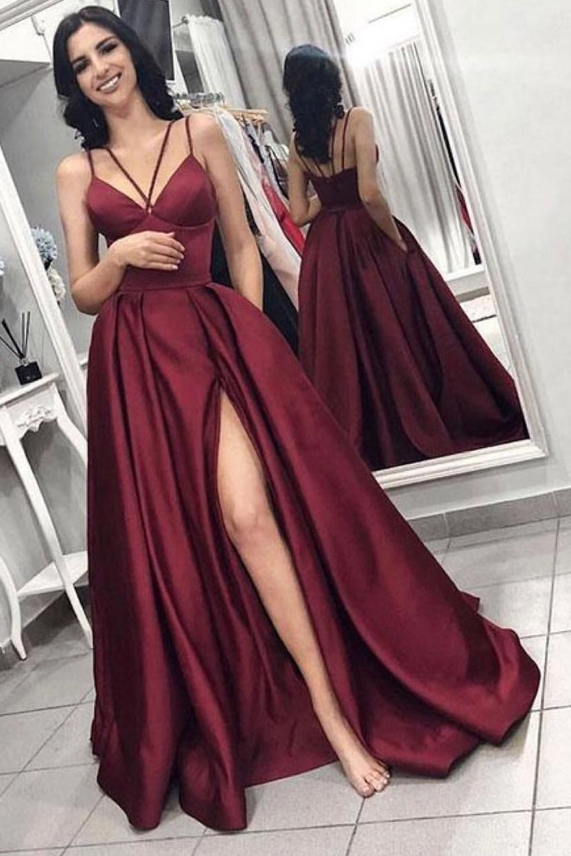 Long V-neck Spaghetti Straps Split Front Satin A-line Prom Dress with Pockets