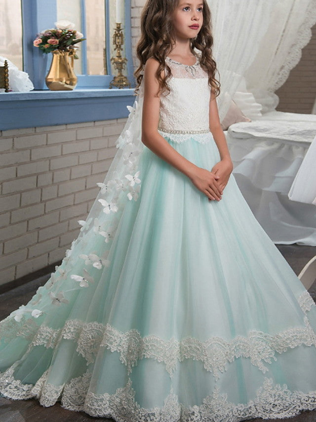 Long A-line Jewel Neck Floor Length Tulle Lace Party Flower Girl Dresses with Appliques Lace