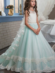 Long A-line Jewel Neck Floor Length Tulle Lace Party Flower Girl Dresses with Appliques Lace