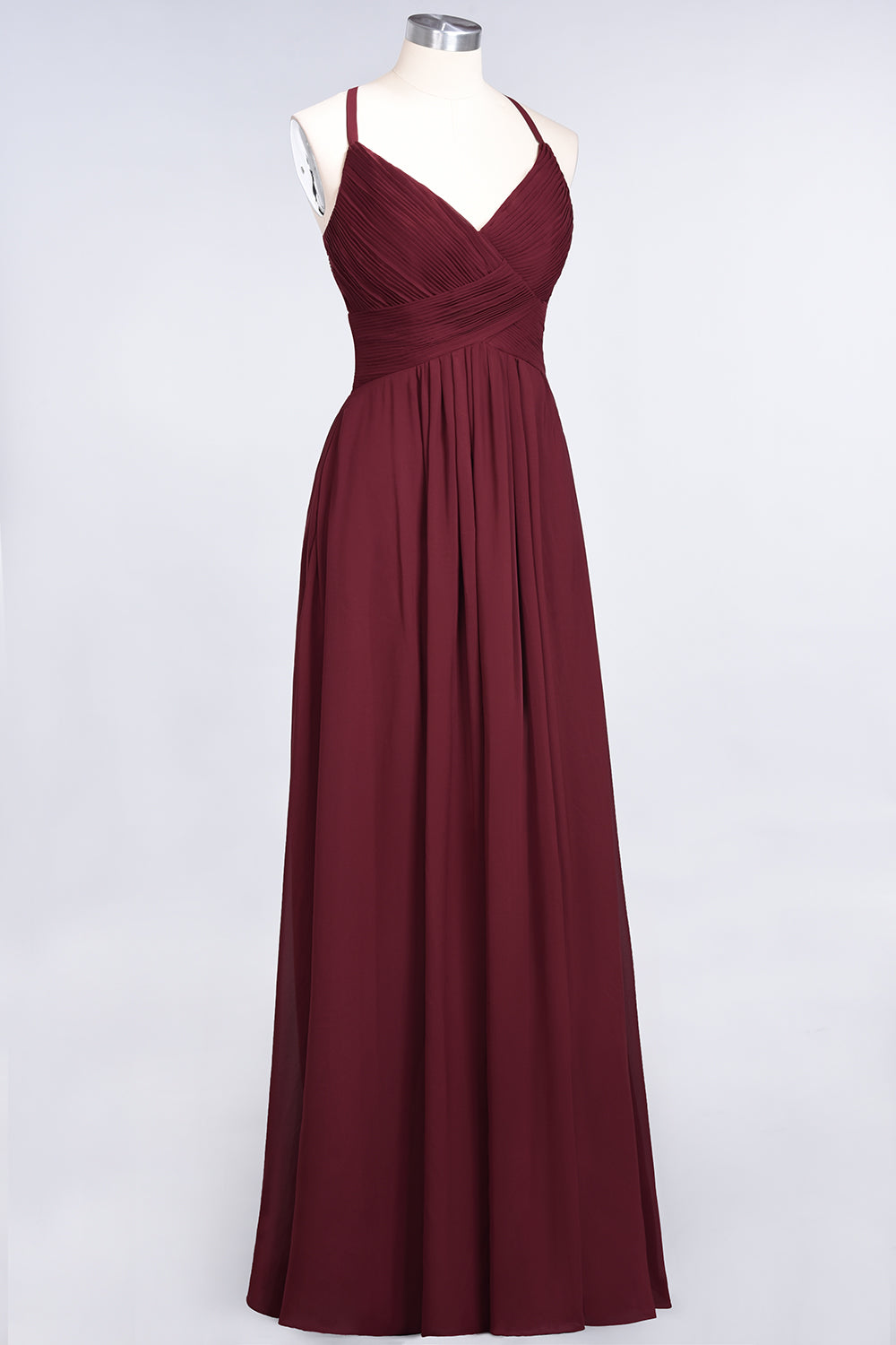 A-Line Chiffon Spaghetti Straps V-Neck Sleeveless Floor Length Bridesmaid Dress with Ruffles