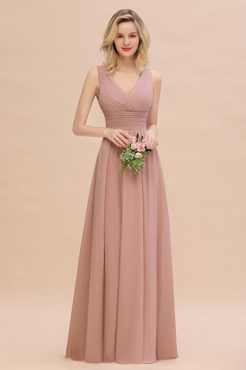 Elegant A-line V-Neck Ruffles Long Bridesmaid Dress