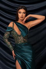 Long Sleeves Mermaid One Shoulder Satin Lace Prom Dresses with Slit