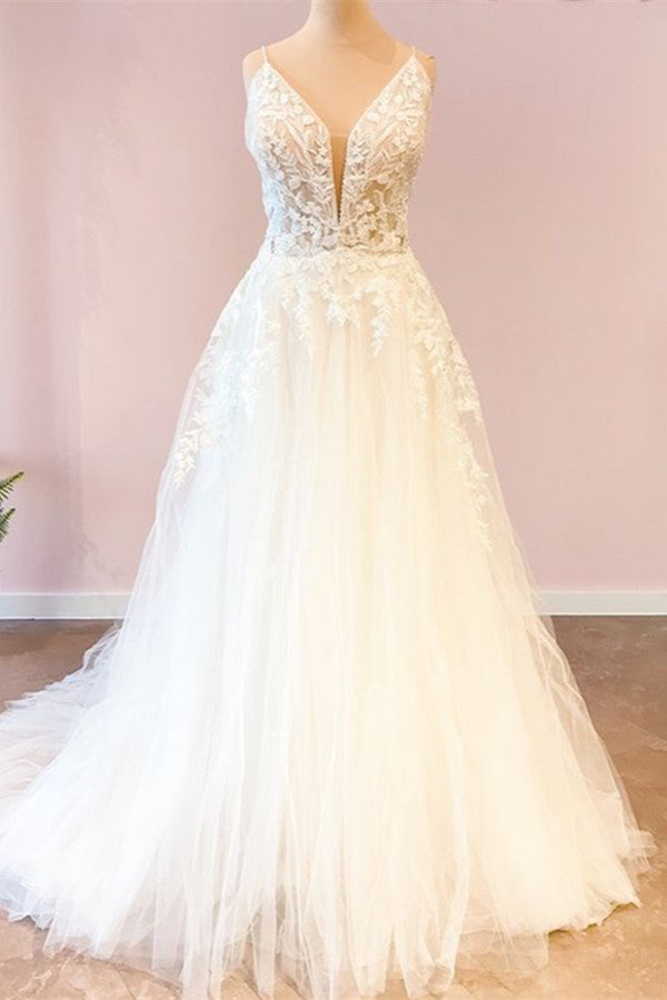 Long Sweetheart Spaghetti Straps A-Line Tulle Floor Length Wedding Dress