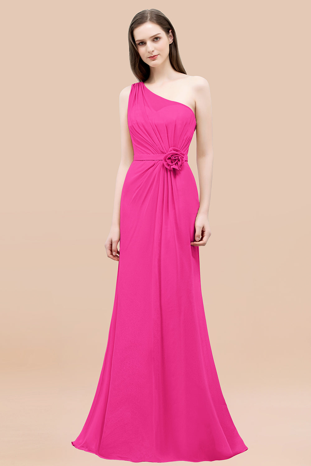 Mermaid Chiffon One Shoulder Sleeveless Ruffled Floor Length Bridesmaid Dresses with Flower