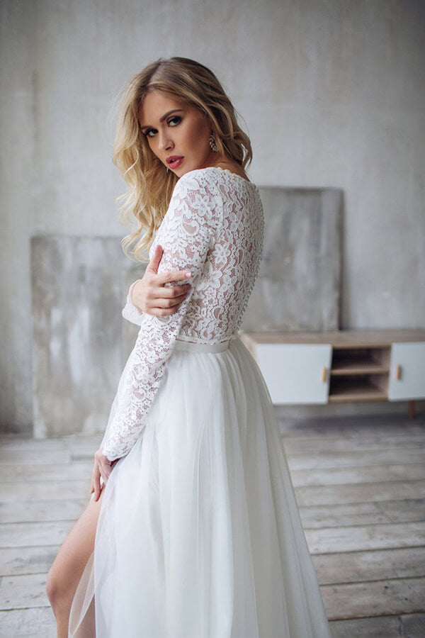 Long A-line Lace Chiffon Two Piece Wedding Dress with Sleeves