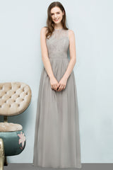 A-line Chiffon Lace Jewel Sleeveless Floor Length Bridesmaid Dresses