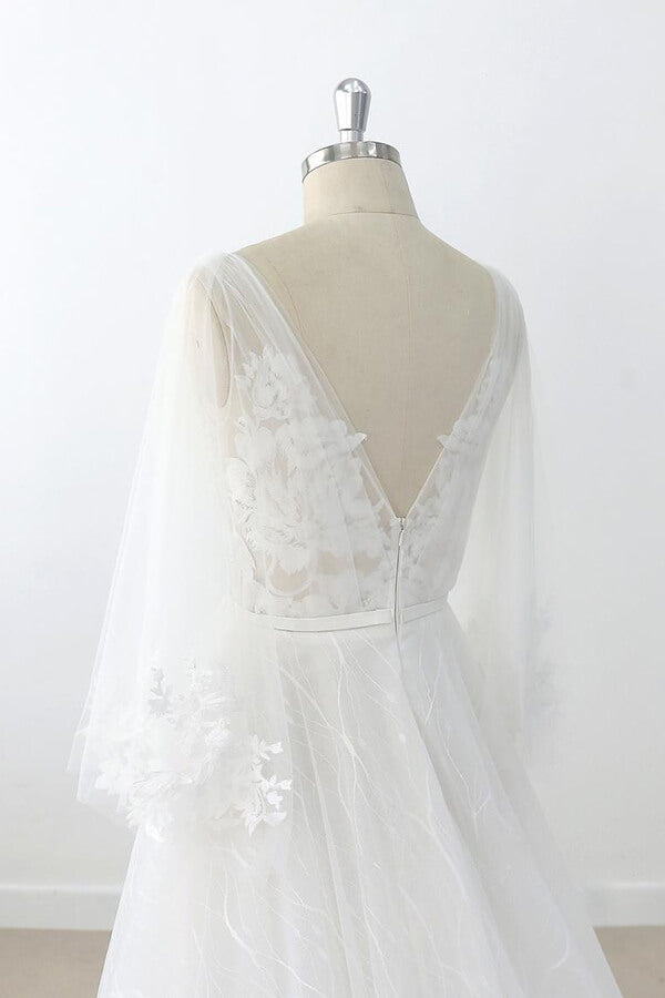 Long Sleeve A-line V-neck Appliques Tulle Wedding Dress