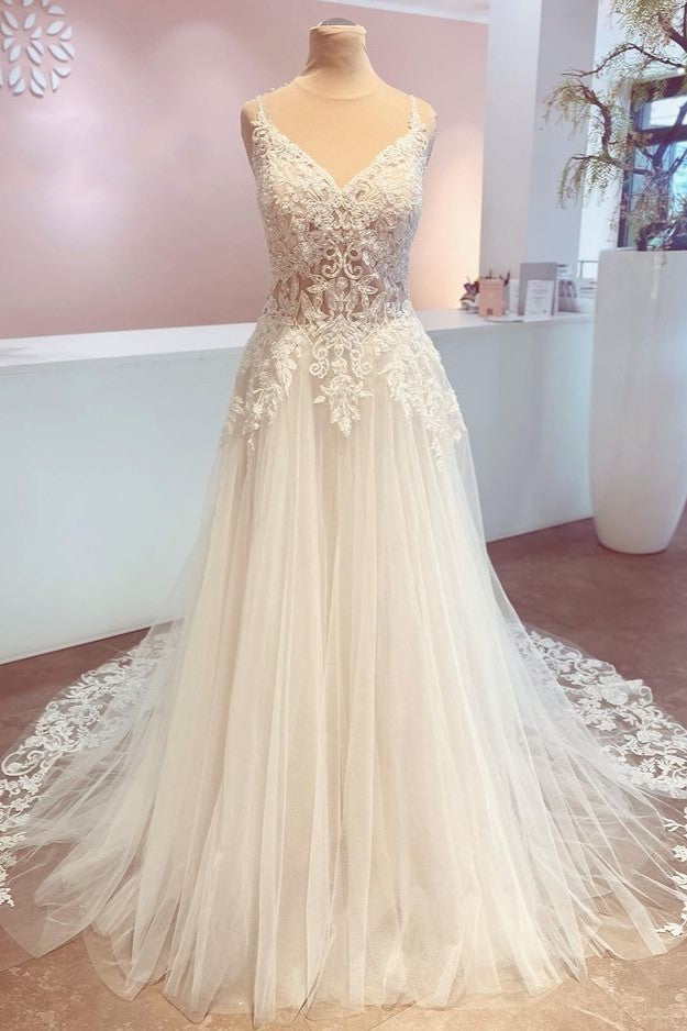 Long Spaghetti Straps Appliques Lace Backless A-Line Train Wedding Dress