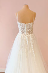 Long A-Line Spaghetti Straps Sweetheart Tulle Appliques Lace Wedding Dress