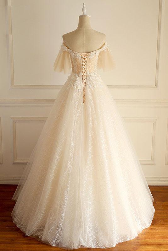 Champagne Long A-line Off the Shoulder Tulle Lace Wedding Dress with Sleeves