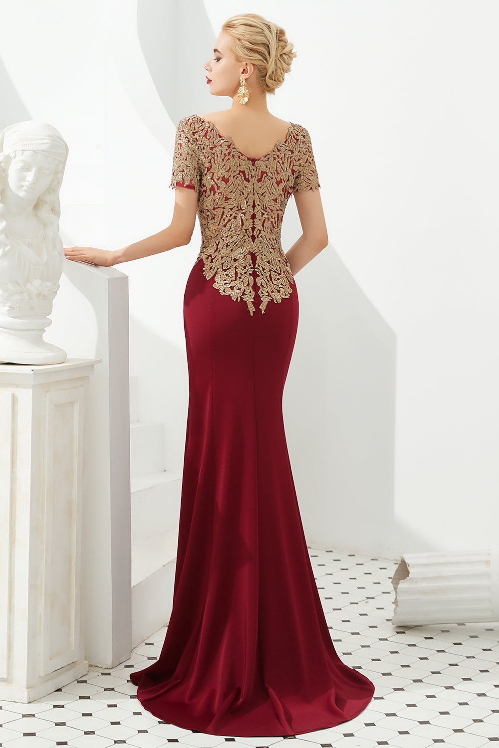 Mermaid Long Burgundy Jewel Lace Mermaid Formal Evening Dresses
