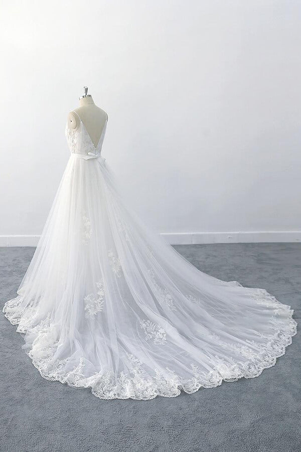 Elegant Long V-neck Ruffle Appliques Tulle A-line Backless Wedding Dress